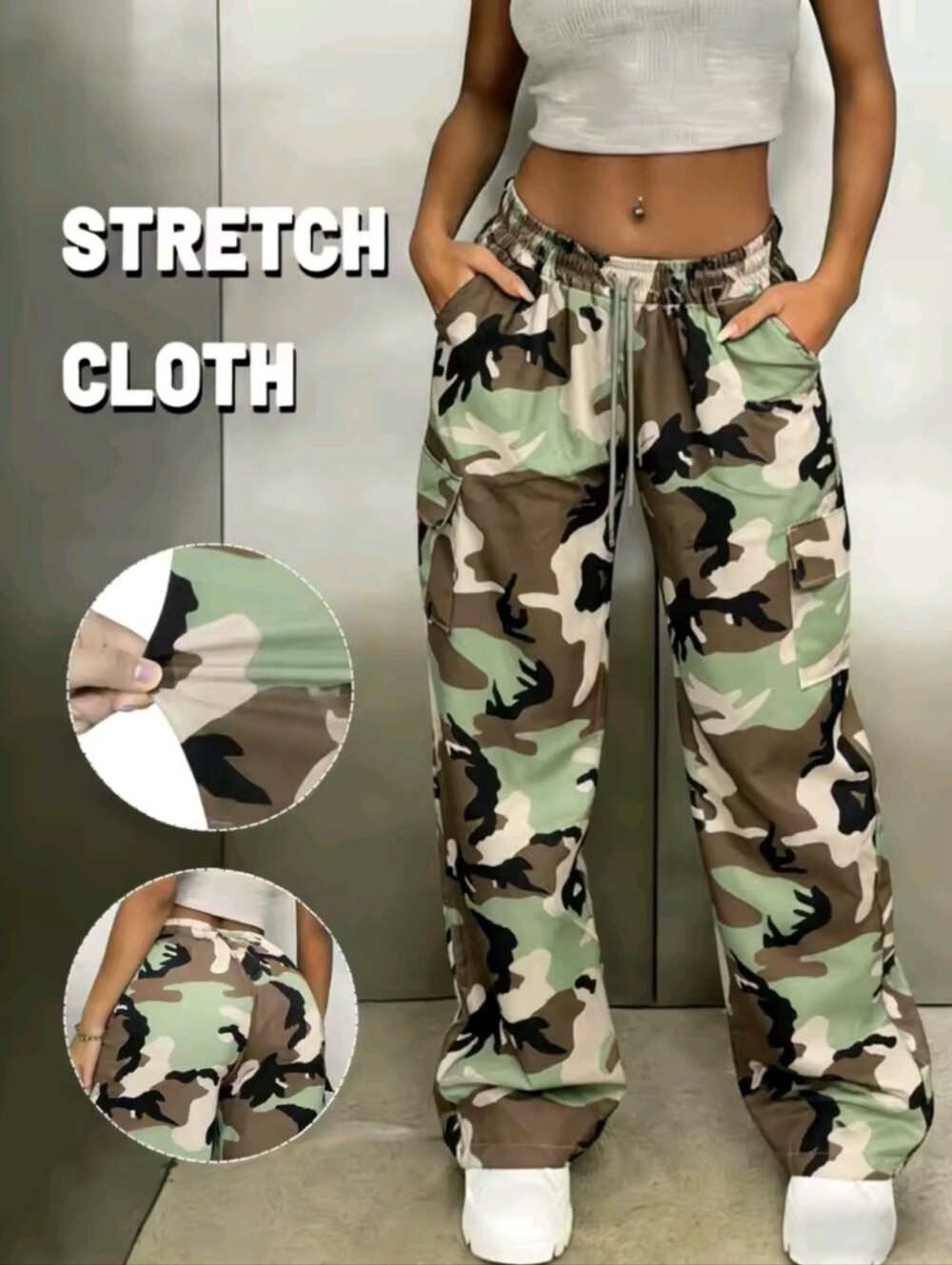Women's High Waisted Stretch Cargo Pants Wide Leg Trousers Fall Outfit